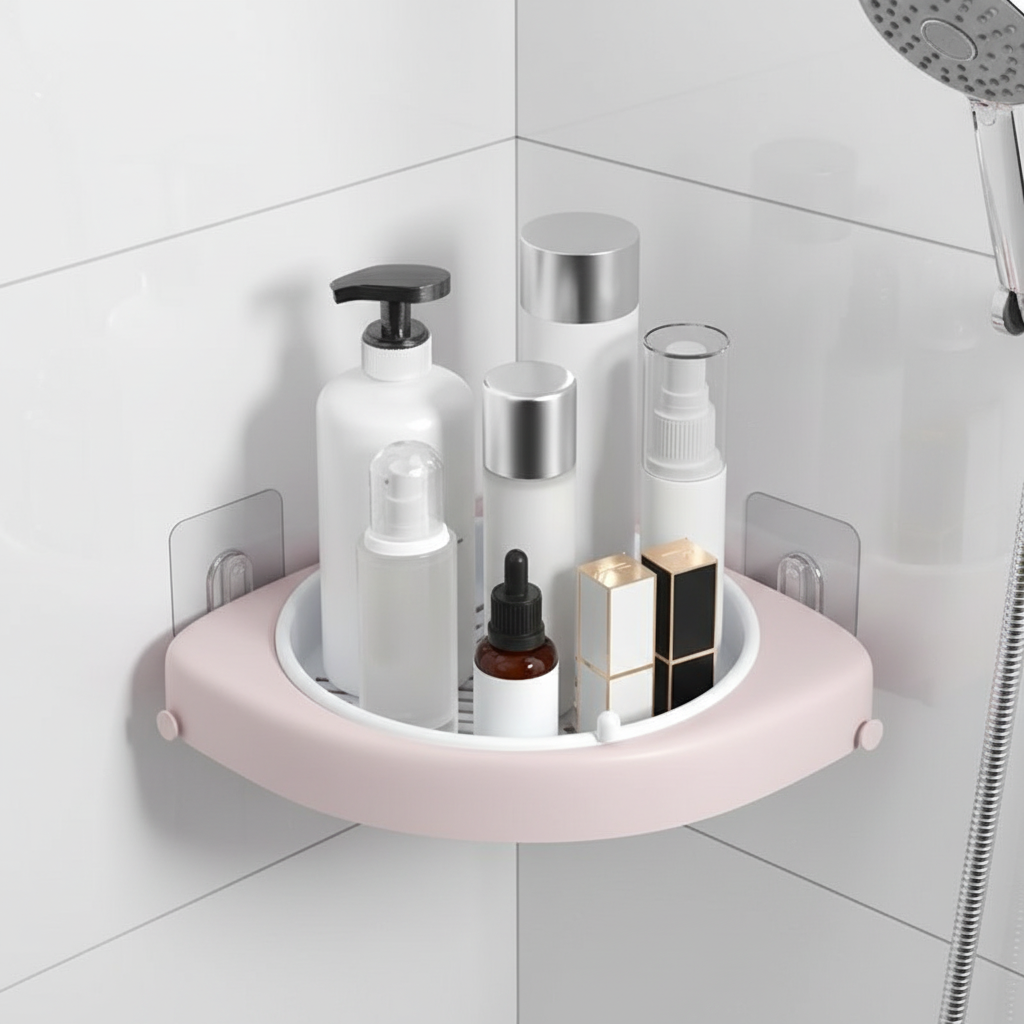 Multi-functional SpaceTurner plastic corner shelf, revolving for easy access to items in kitchen/bath.
