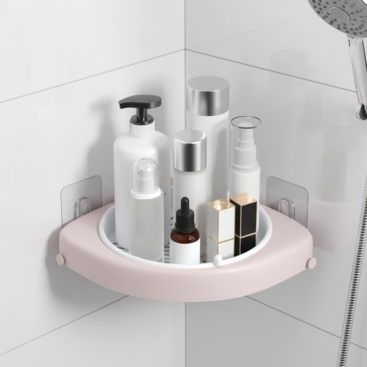 Multi-functional SpaceTurner plastic corner shelf, revolving for easy access to items in kitchen/bath.