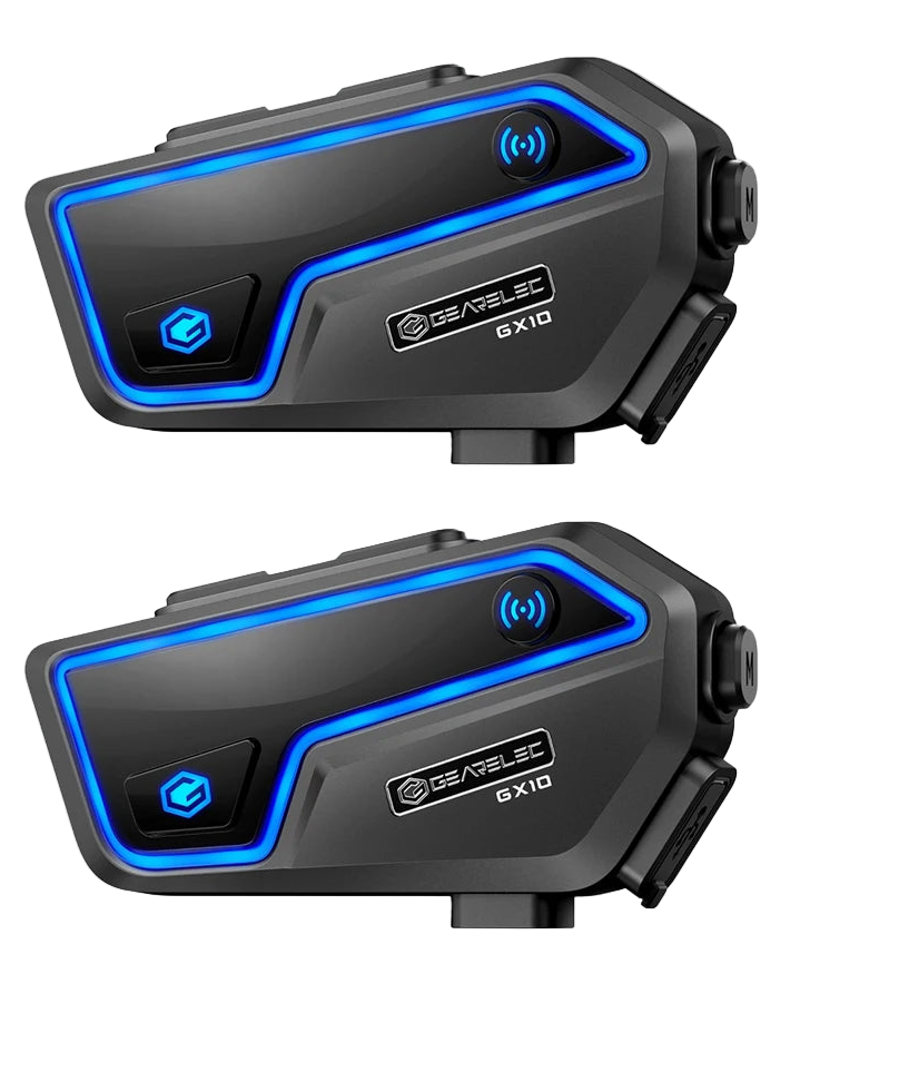 RideSync 10-rider Bluetooth motorcycle intercom, IP67 waterproof, mounted on helmet