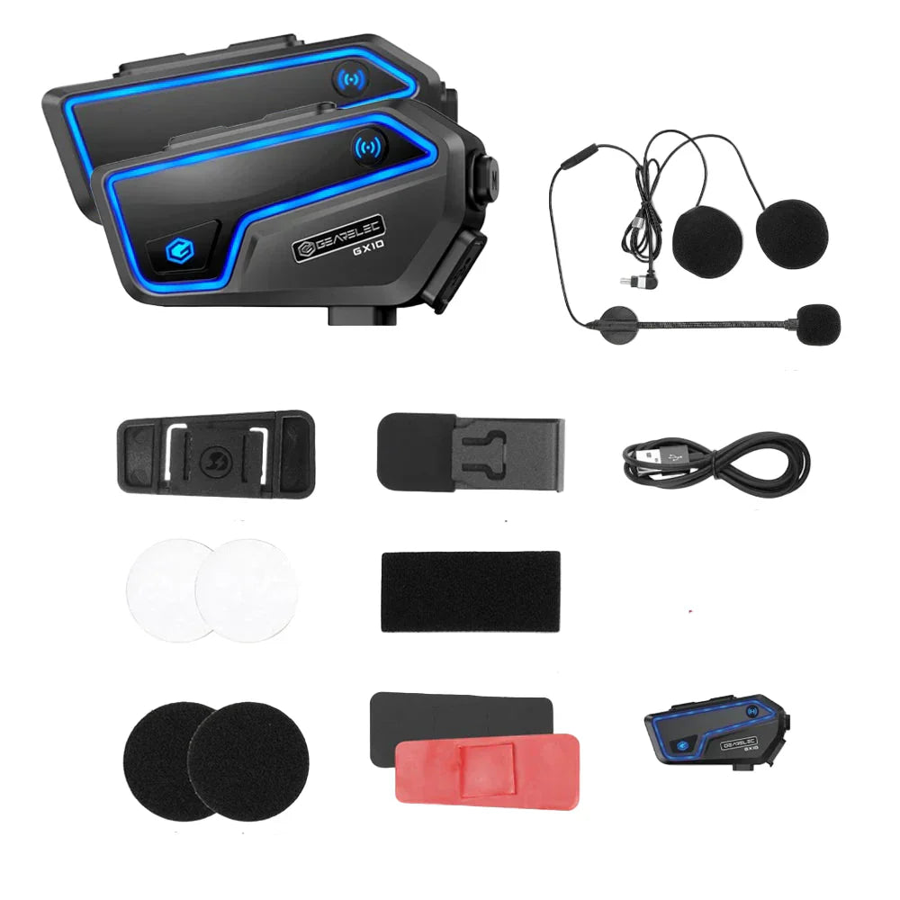 RideSync 10-rider Bluetooth motorcycle headset with all accessories, ready for installation.