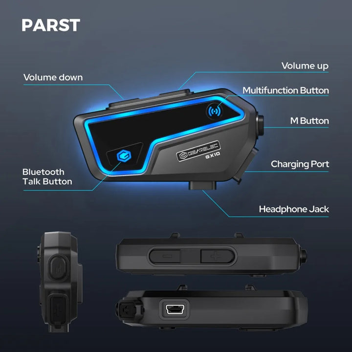Detailed view of RideSync Bluetooth intercom's charging port and waterproof seal, durable gadget