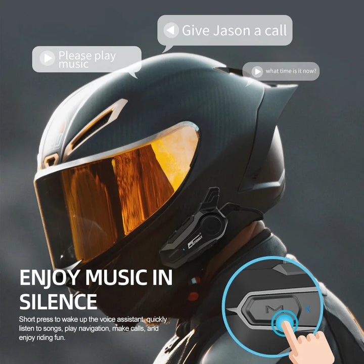 RoadComm motorcycle intercom headset with 1000m range, providing clear hands-free communication for riders