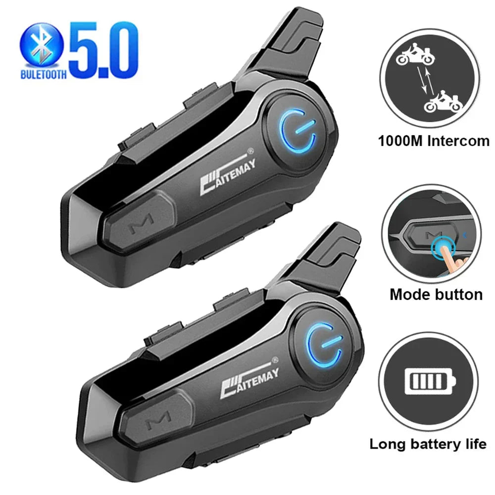Close-up of RoadComm Bluetooth 5.0 motorcycle headset attached to a helmet, showing controls