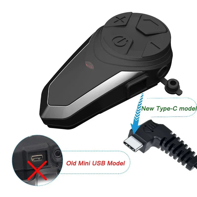 Close-up of RoadLink S3 Bluetooth Intercom attached to motorcycle helmet, showing controls & mic