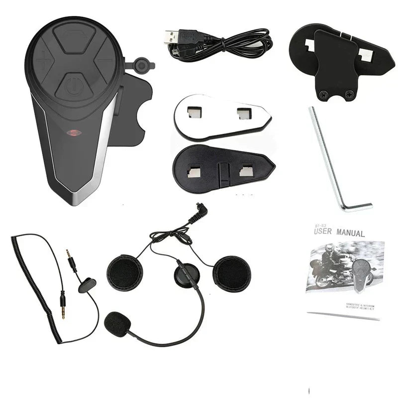 RoadLink S3 Bluetooth Intercom kit components: main unit, speakers, microphone, helmet clips, charging cable