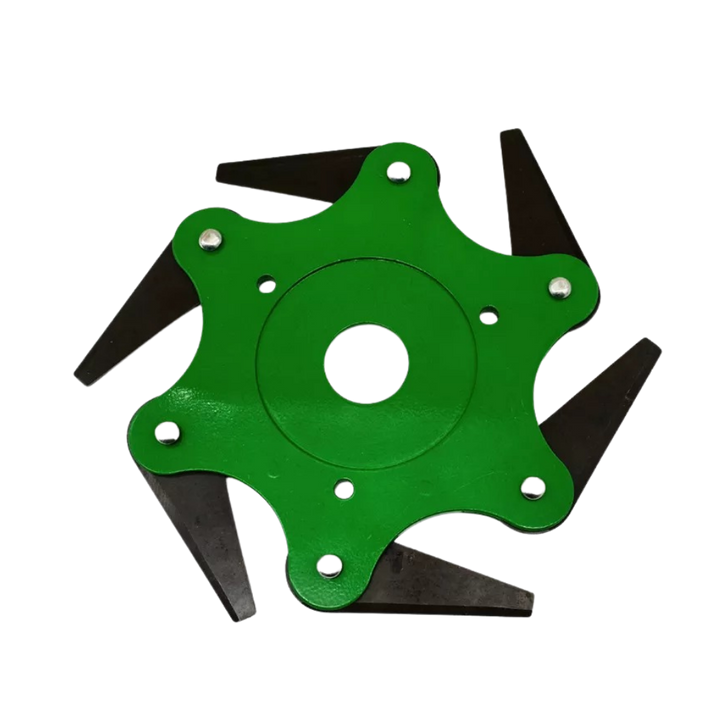 Robust 6-blade steel trimmer head for brush cutters, ideal for heavy-duty lawn care and gardening