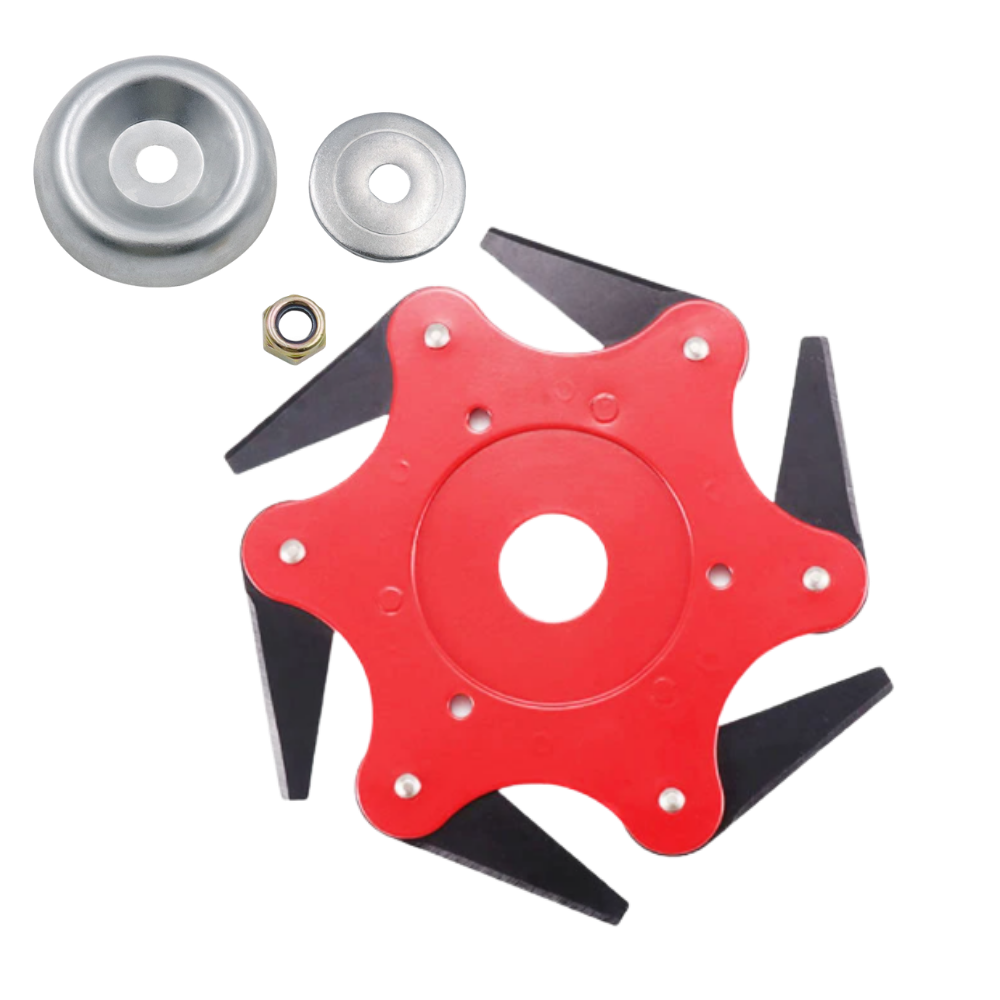Universal fit 6-blade steel trimmer head, built for durability and effective brush cutter performance