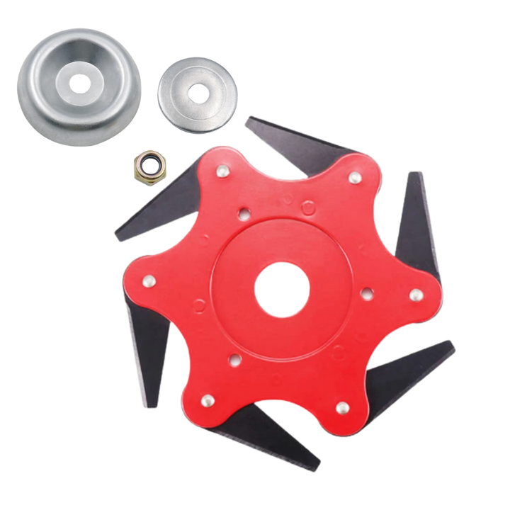 Universal fit 6-blade steel trimmer head, built for durability and effective brush cutter performance