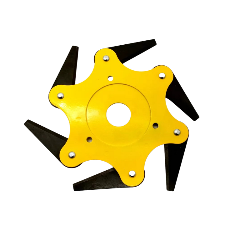 Detailed shot of the steel blades on the 6-blade trimmer head, ready for heavy-duty brush cutting