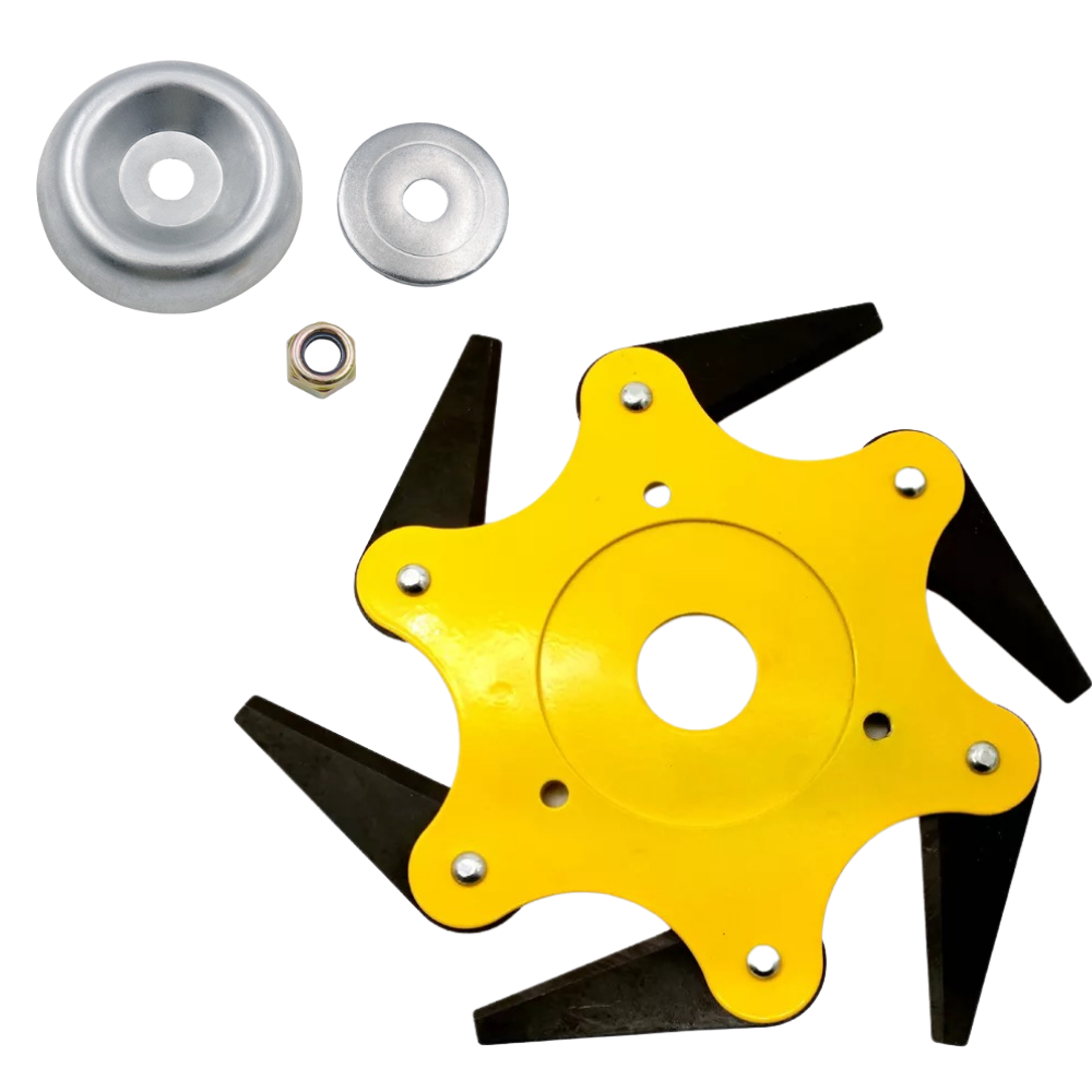 Premium 6-blade steel trimmer head for brush cutters, ensuring longevity and efficient gardening tasks