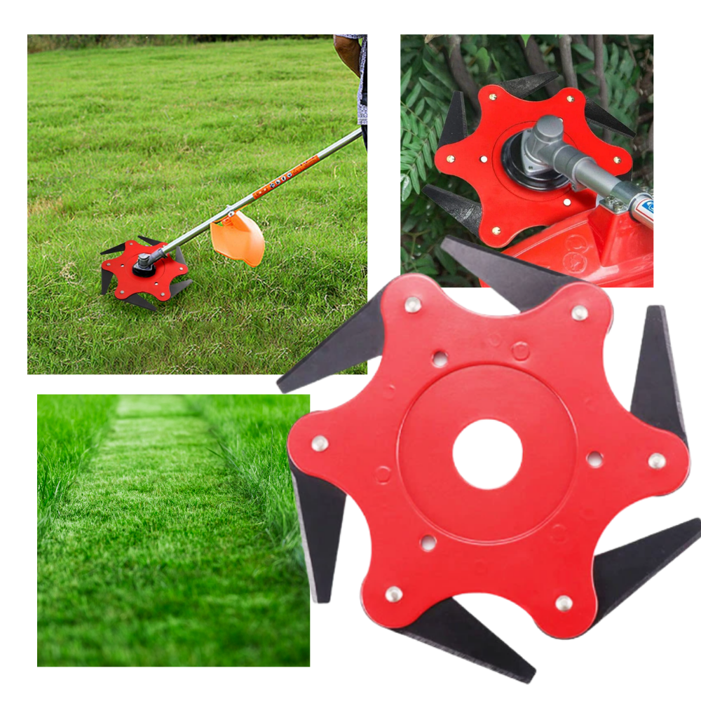 Durable brush cutter attachment with six steel blades, perfect for tough weed trimming jobs