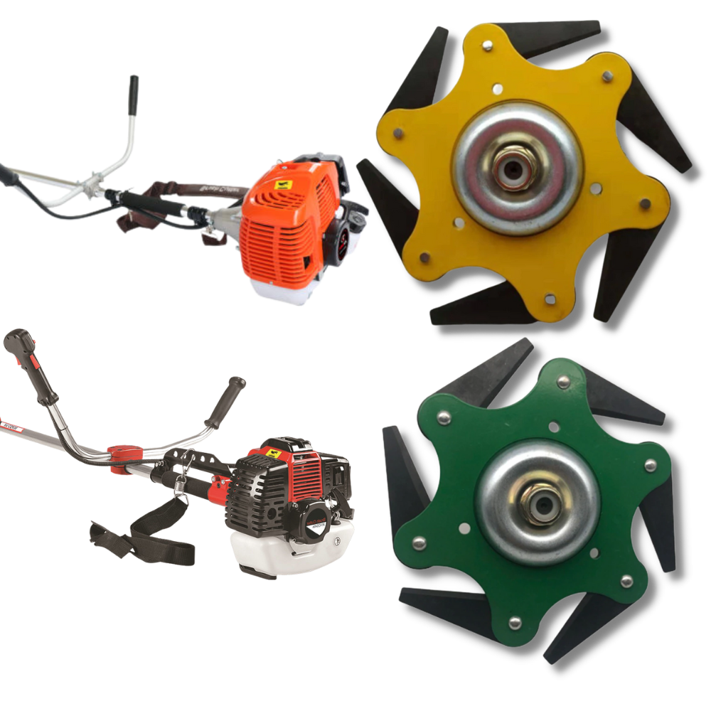 Heavy-duty brush cutter head with six steel blades, essential outdoor equipment for demanding gardening