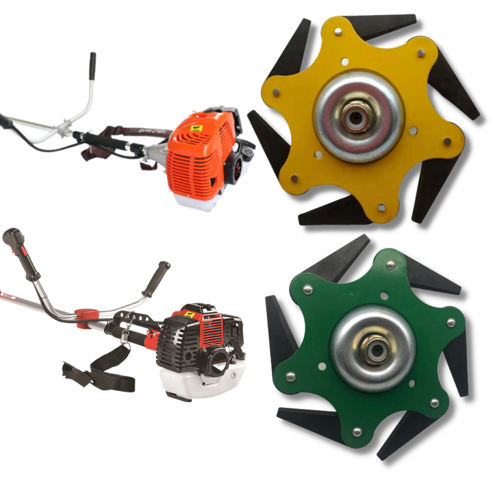 Heavy-duty brush cutter head with six steel blades, essential outdoor equipment for demanding gardening