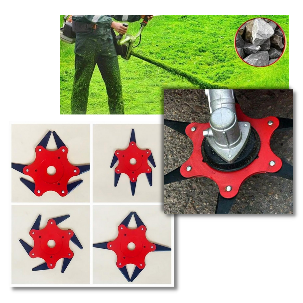 View of the versatile steel trimmer head for brush cutters, highlighting its durable 6-blade design