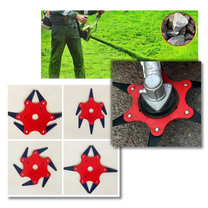 View of the versatile steel trimmer head for brush cutters, highlighting its durable 6-blade design