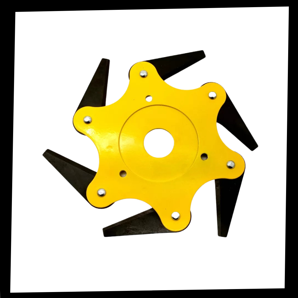 The innovative 6-blade steel trimmer head, ensuring powerful and precise weed trimming for all garden tools