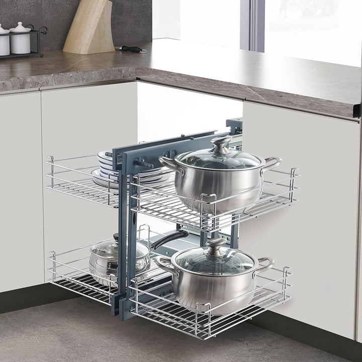 Robust carbon steel blind corner cabinet pull out shelf, chrome finish for kitchen storage