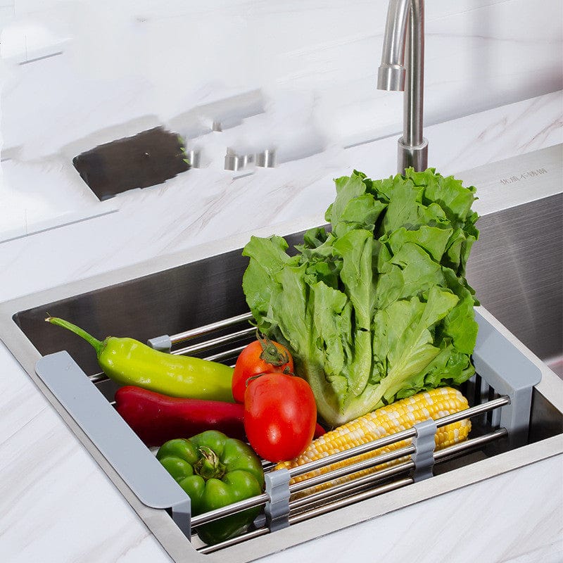 Roll-up stainless steel dish drying rack over sink for kitchen, space-saving and adjustable.