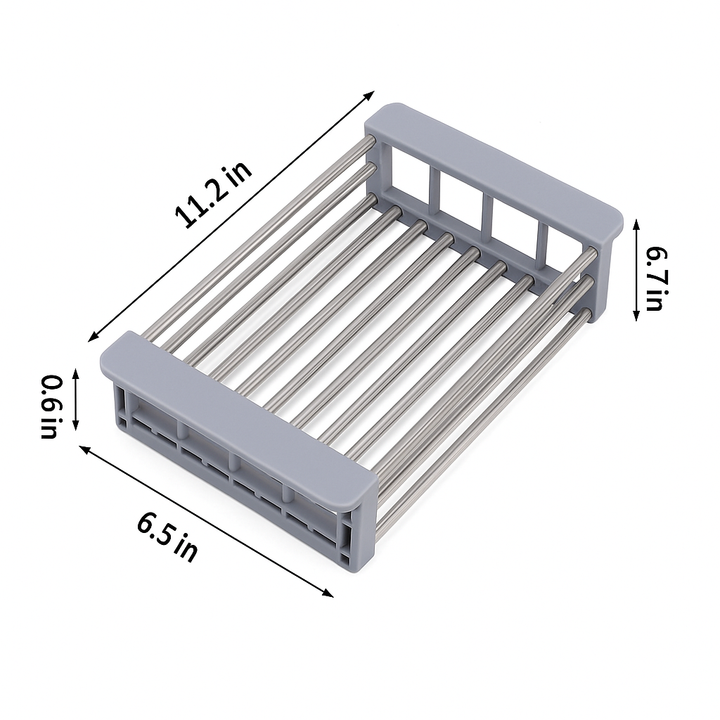 Durable stainless steel roll-up dish drying rack, a sturdy and rust-resistant kitchen sink organizer.