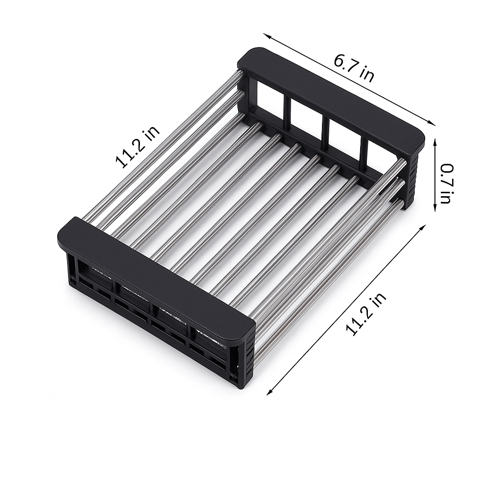 Compact roll-up dish drainer for kitchen sinks, easily folds away for ultimate space-saving utility.