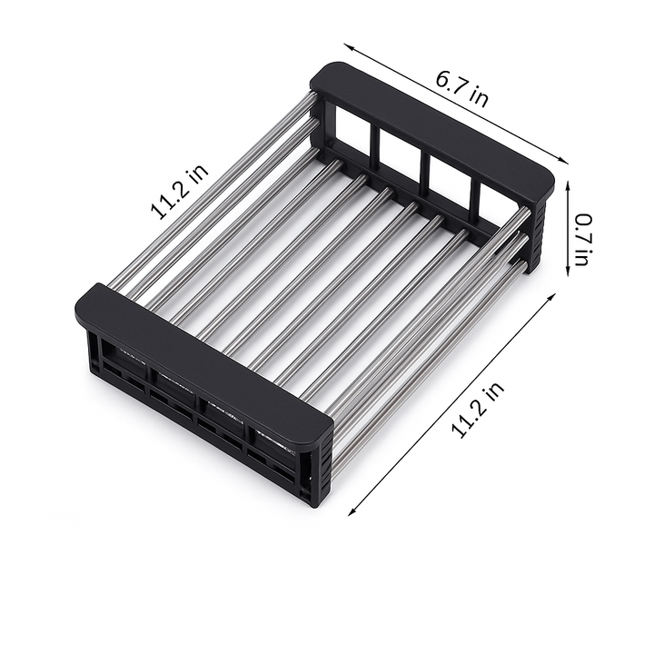 Compact roll-up dish drainer for kitchen sinks, easily folds away for ultimate space-saving utility.