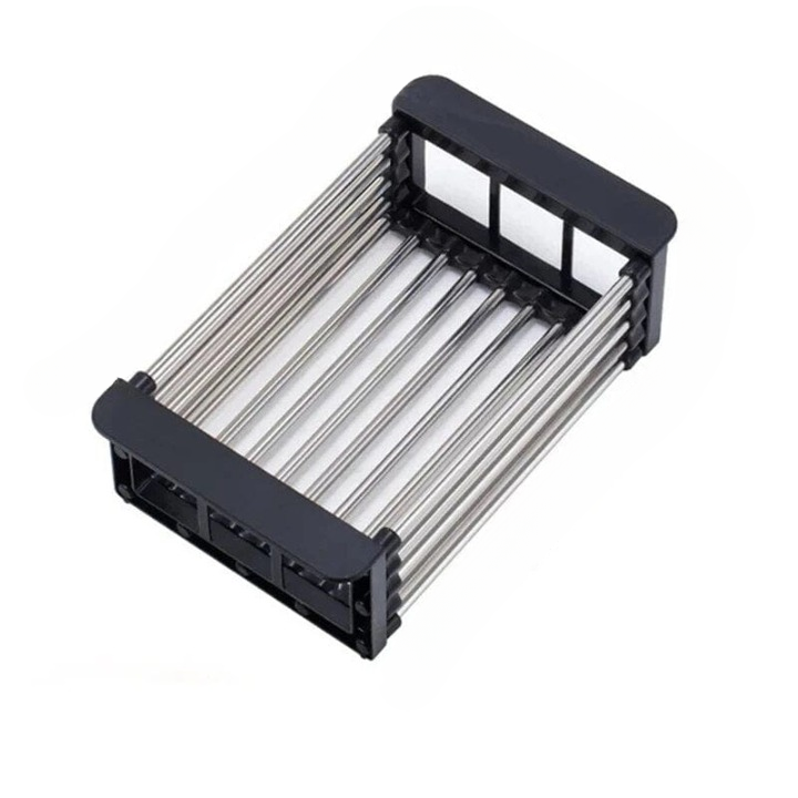 Flexible stainless steel roll-up dish drainer bars, showcasing its modern design and practical utility.