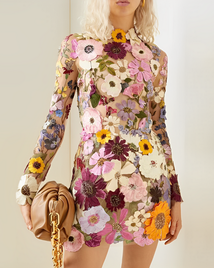 Romantic women's floral midi dress with exquisite embroidered details, perfect for elegant evening or special occasions.