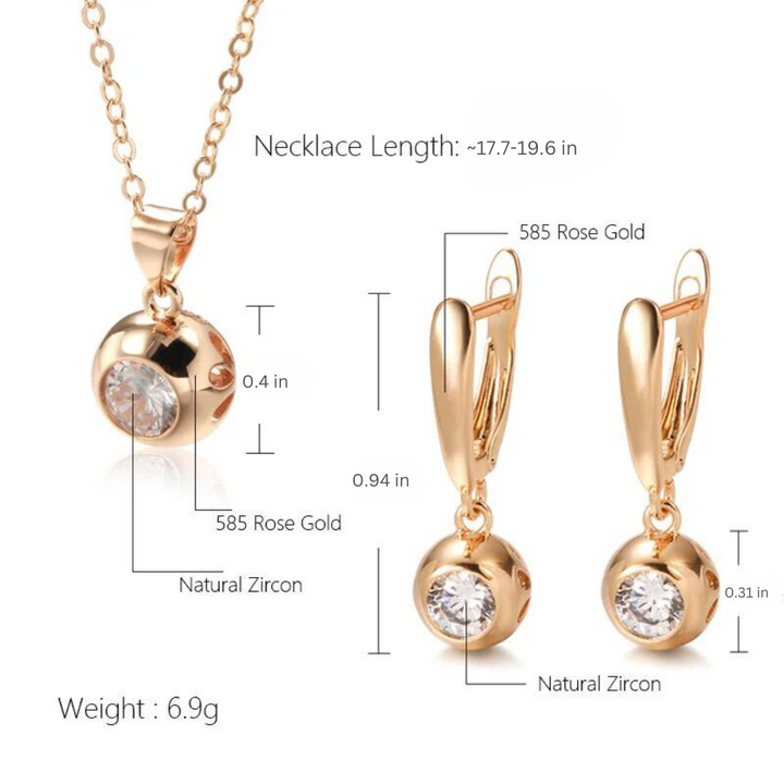 Sophisticated women's rose gold jewelry set: sparkling zircon orb earrings and a charming necklace.