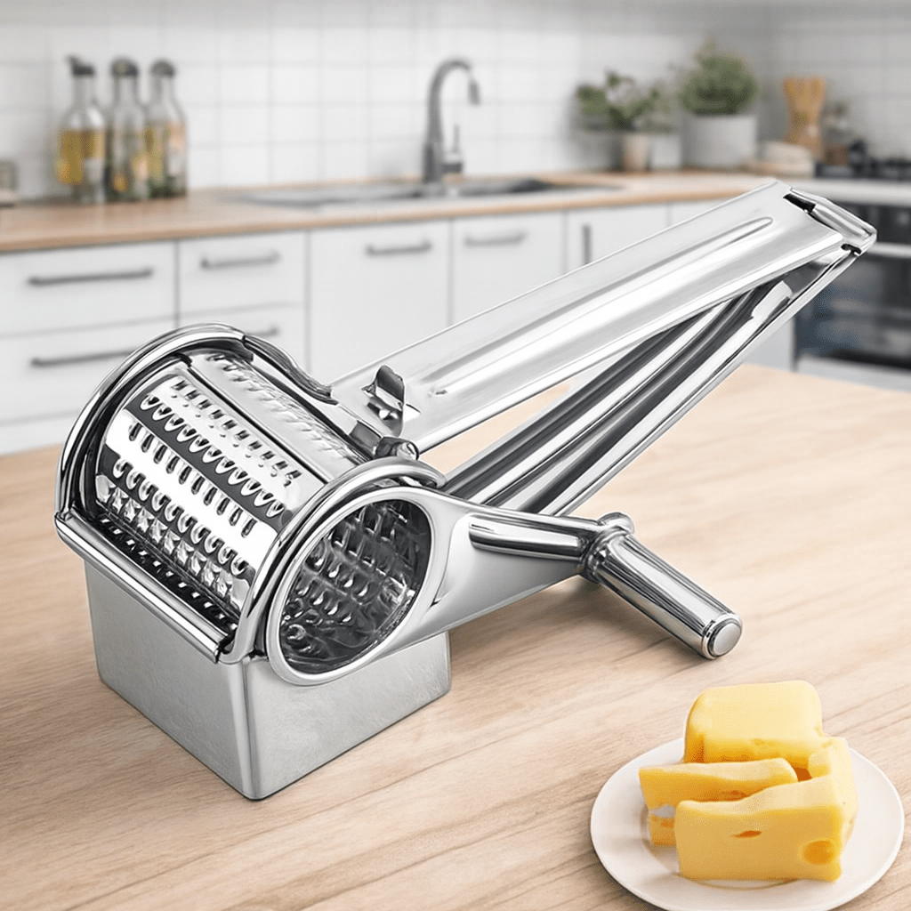 Rotary grater for effortless kitchen food prep. Manual stainless steel tool for cheese, vegetables & nuts.
