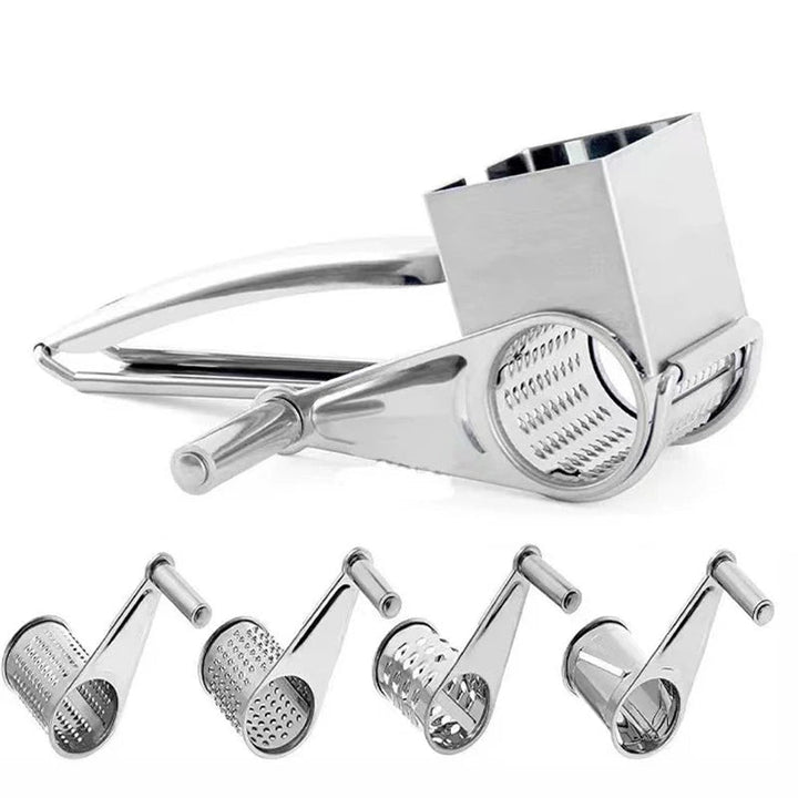Close-up of stainless steel manual rotary grater, highlighting the shredding drum for efficient food prep.
