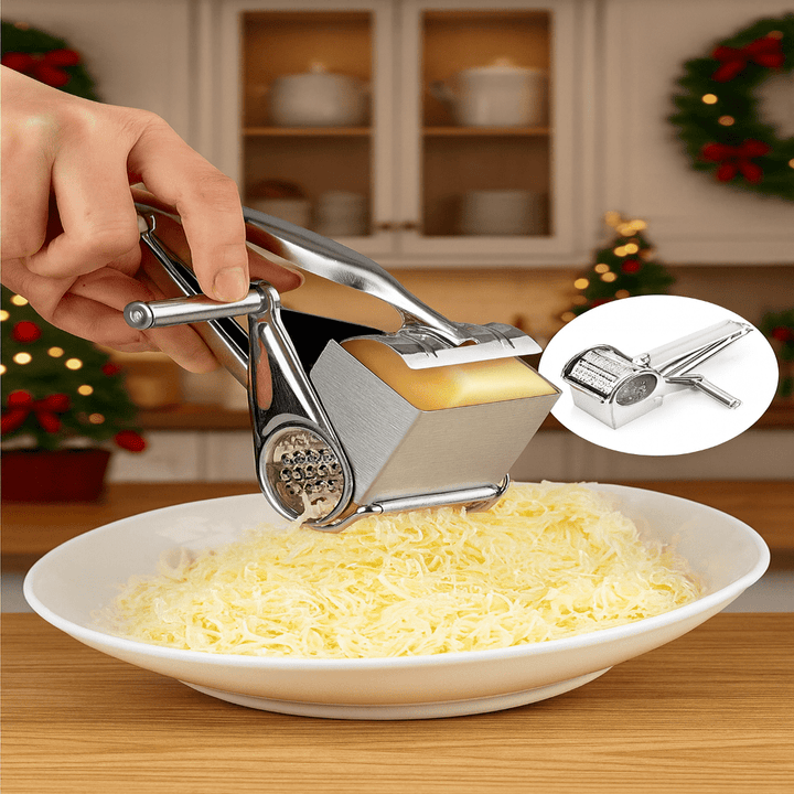 Versatile rotary grater & shredder for cheese, veggies, nuts. Effortless manual stainless steel kitchen tool.