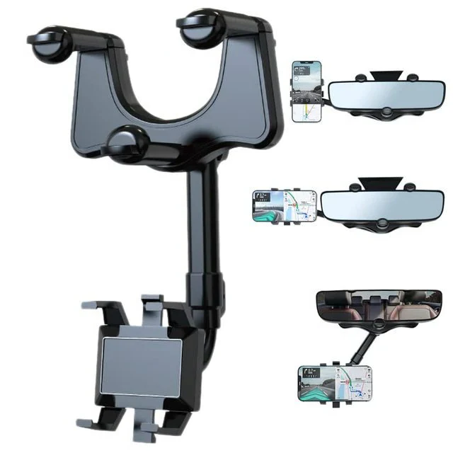 Rotatable & retractable car phone holder, mounts on rear view mirror. 360-degree hands-free navigation mount.