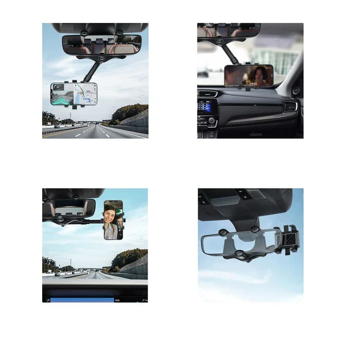 Secure rotatable car phone mount for rear view mirror. Enhances driving safety, hands-free navigation & calls.