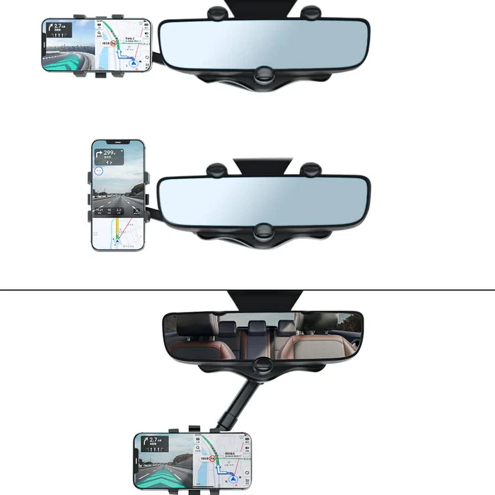 360-degree rotatable & retractable car phone holder. Rear view mirror mount for optimal viewing & safety.