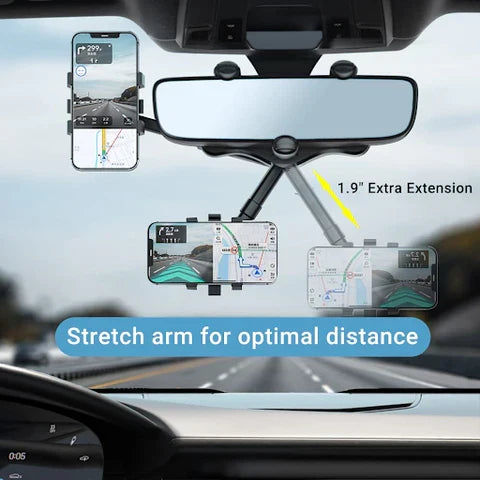 Universal retractable car phone holder for rear view mirror. Rotatable 360-degree phone mount accessory.