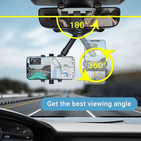 Hands-free rotatable car phone holder. Retractable rear view mirror mount for safe driving & GPS navigation.