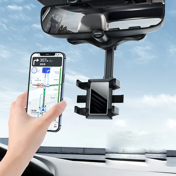 Adjustable car phone holder, clips to rear view mirror. Retractable & 360-degree rotatable for perfect view.