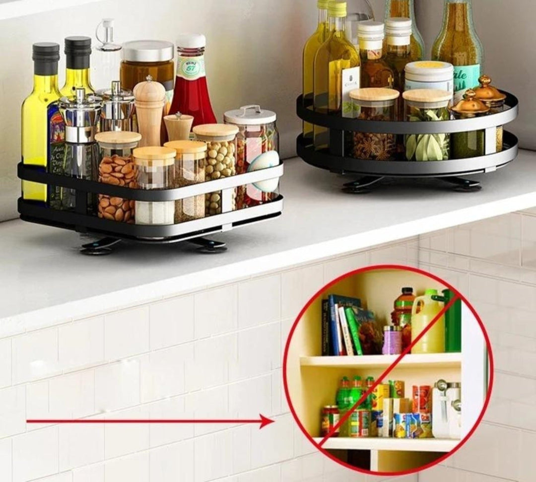 Multipurpose rotating storage rack for kitchen countertops & bathroom essentials, adjustable design.