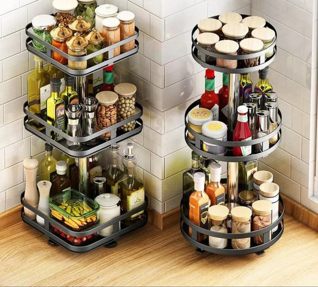 Stainless steel rotating organizer for home organization, ideal for kitchen spices or bathroom items.