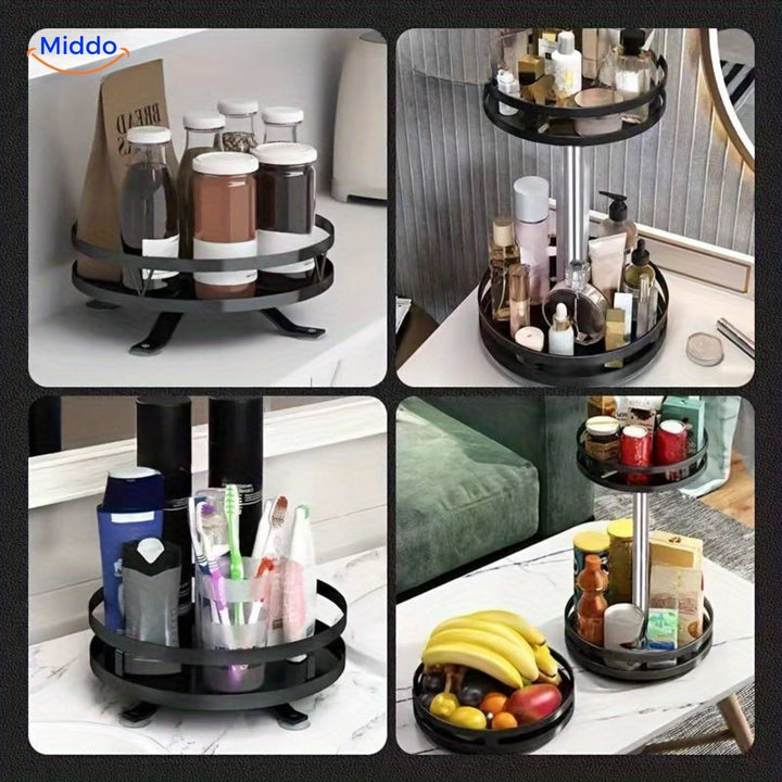 Adjustable rotating storage shelf, great for decluttering kitchen cabinets or bathroom vanities.