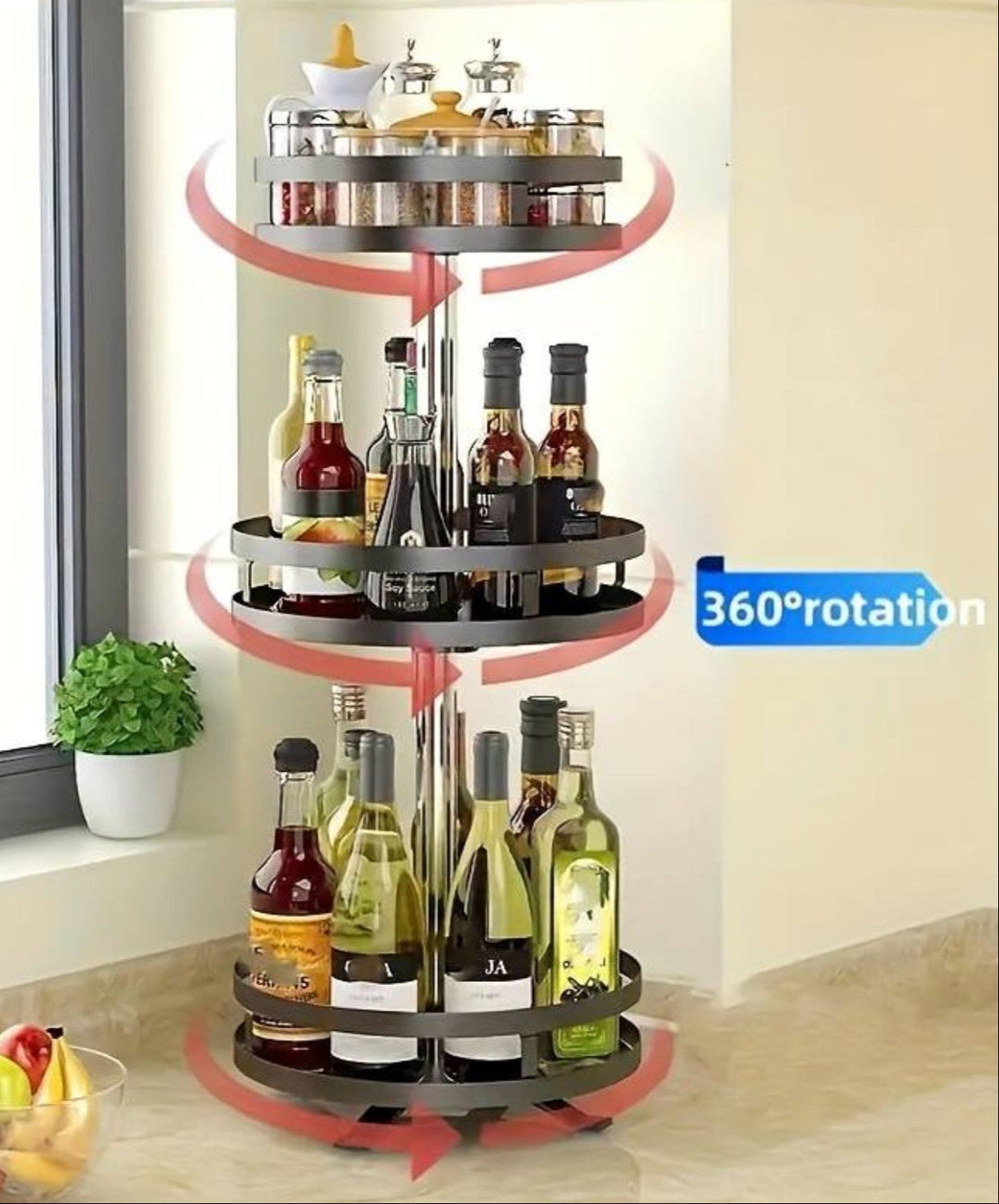 Space-saving rotating countertop organizer, perfect for kitchen jars, oils, or bathroom toiletries.