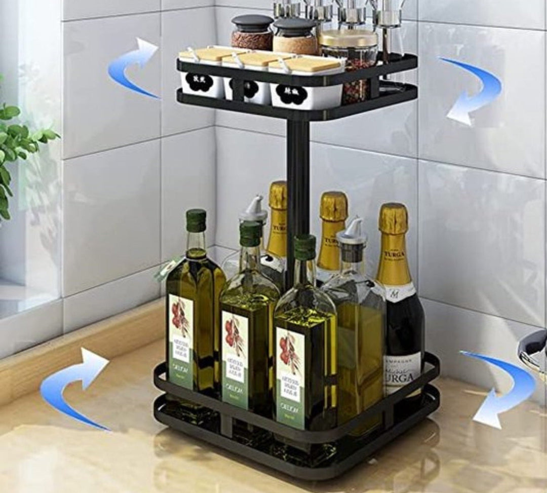 Modern rotating organizer for kitchen & bathroom, keeps items tidy and within reach.