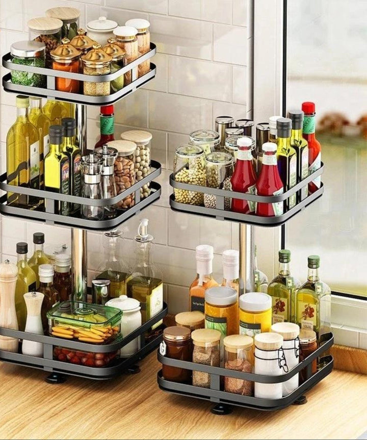 Compact rotating shelf unit, ideal for small kitchen spaces or bathroom storage solutions.