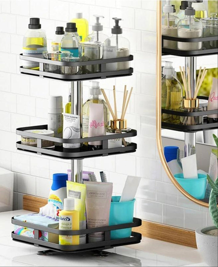 Efficient rotating storage rack, excellent for organizing kitchen pantries & bathroom supplies.