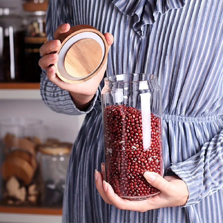 Round LunaSeal glass airtight food storage jar for kitchen pantry organization.