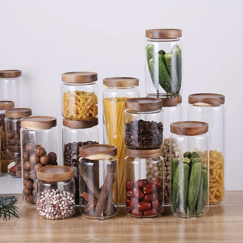 Airtight glass jar filled with pasta, an essential food container for kitchen pantry.