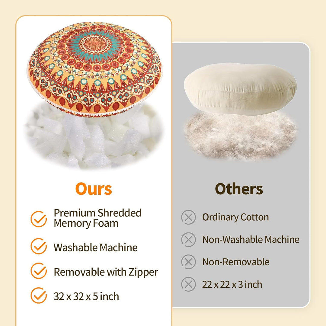 Supportive memory foam round floor cushion for mindful meditation practice. Enhances comfort & focus.