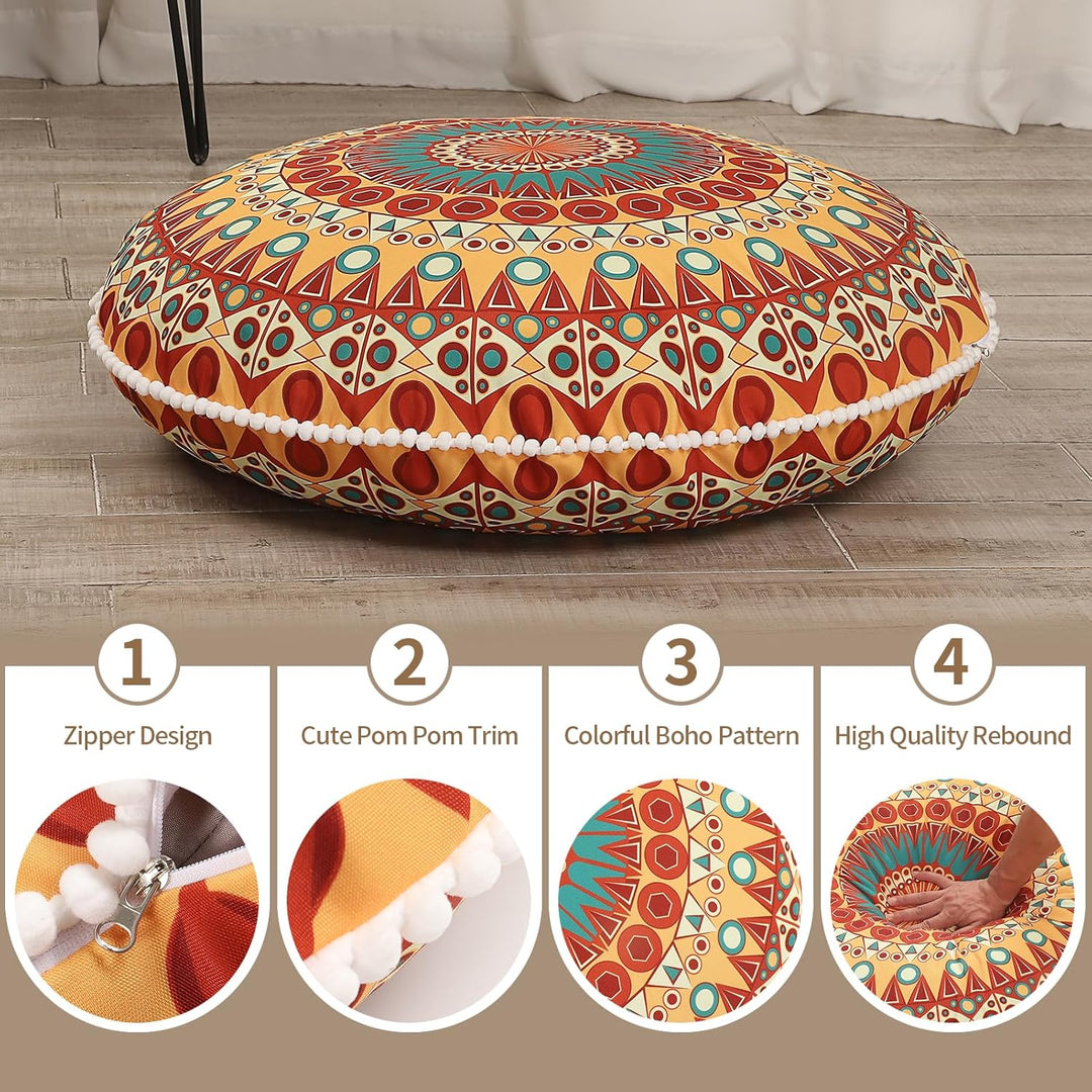 Vibrant orange & yellow round memory foam meditation cushion. Ideal for yoga, relaxation & home decor.