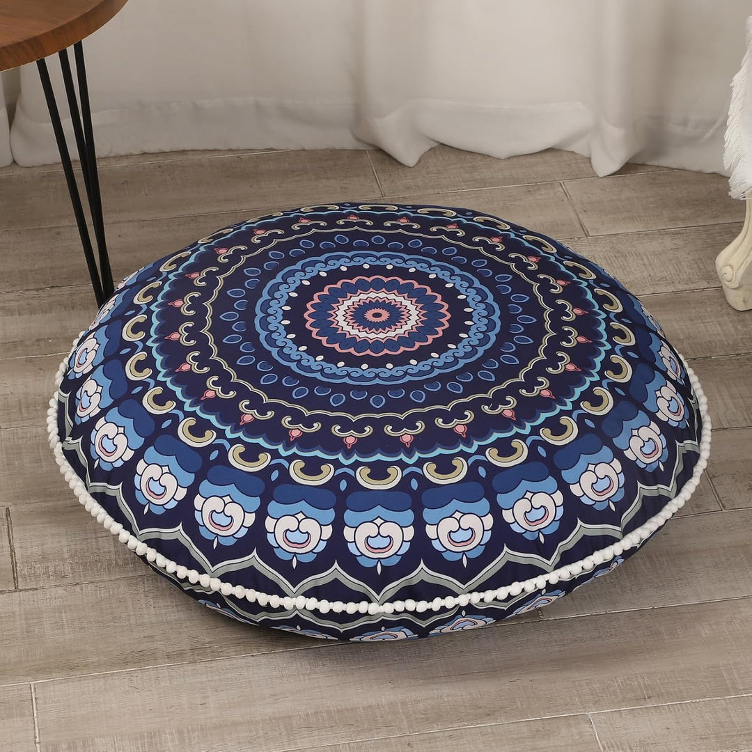 Stylish dark blue memory foam round cushion for meditation, yoga, and comfortable deep relaxation at home.