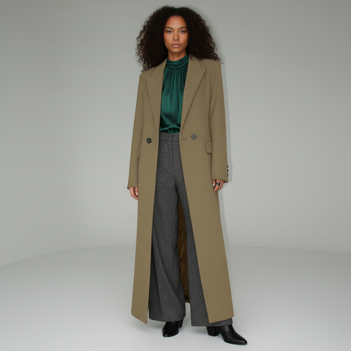 Ruby women's tailored long coat. Elegant, fitted longline outerwear for classic city and evening fashion.